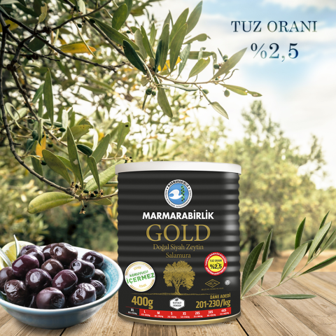 400 Gr GOLD (XL) %2,5 Az Tuzlu Salamura Siyah Zeytin Teneke