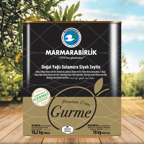 10 kg. Gurme Yağlı Salamura Siyah Zeytin M (261-290 adet/kg) teneke
