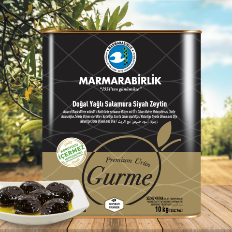 10 kg. Gurme Yağlı Salamura Siyah Zeytin M (261-290 adet/kg) teneke