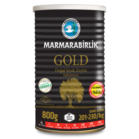 800 Gr GOLD (XL) %2,5 Az Tuzlu Salamura Siyah Zeytin Teneke