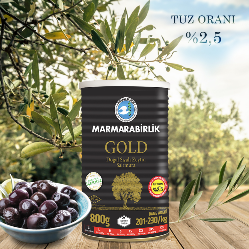 800 Gr GOLD (XL) %2,5 Az Tuzlu Salamura Siyah Zeytin Teneke