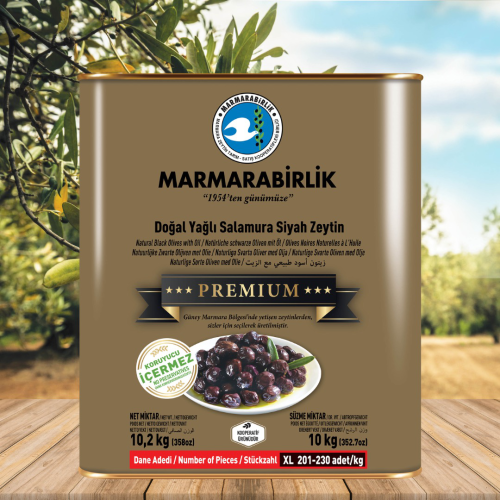 10 kg. Premium Yağlı Salamura Siyah Salamura XL (201-230 adet/kg) teneke