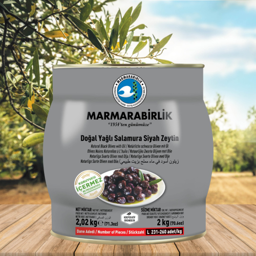 2 kg. Yağlı Salamura Siyah Zeytin L (231-260 adet/kg) teneke