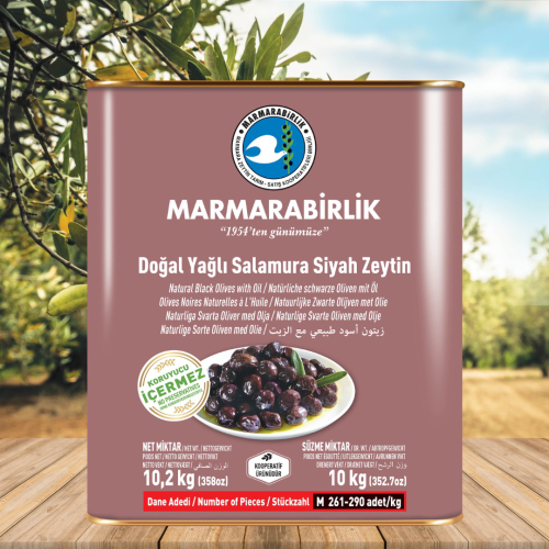 10 kg. Yağlı Salamura Siyah Zeytin M (261-290 adet/kg) teneke