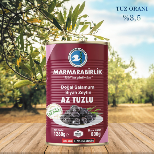 800 g. Az Tuzlu Salamura Siyah Zeytin L (231-260 adet/kg) teneke