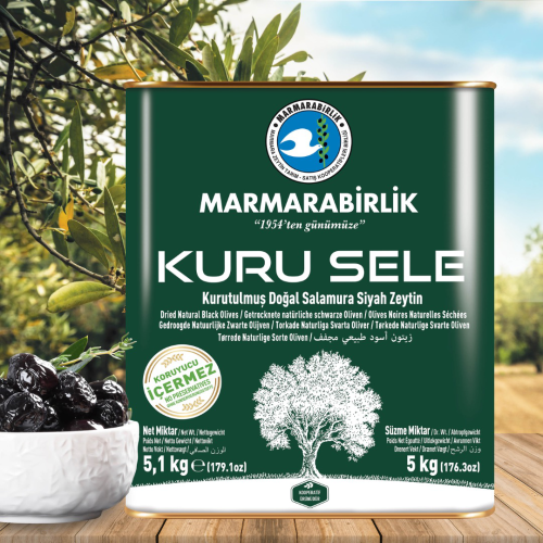 5 kg. Kuru Sele Siyah Zeytin 3XS (381-410 adet/kg) teneke