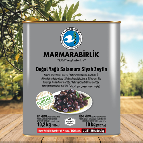 10 kg. Yağlı Salamura Siyah Zeytin L (231-260 adet/kg) teneke
