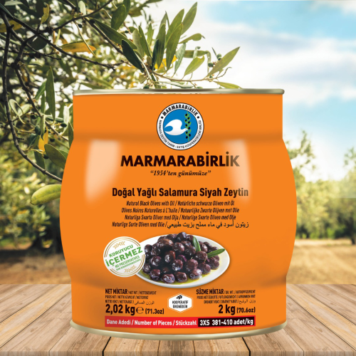 2 kg. Yağlı Salamura Siyah Zeytin 3XS (381-410 adet/kg) teneke