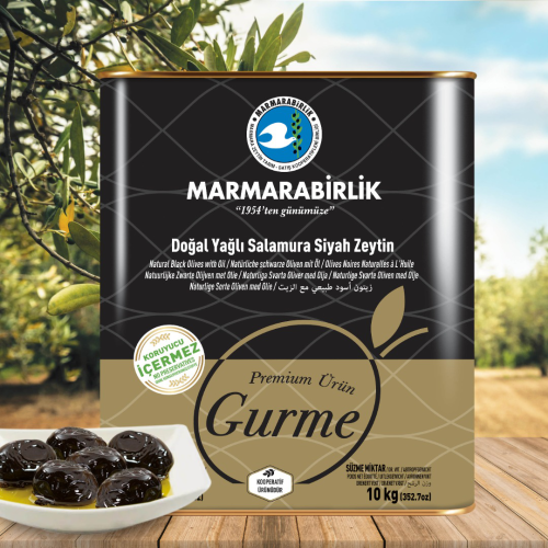 10 kg. Gurme Yağlı Salamura Siyah Zeytin M (261-290 adet/kg) teneke